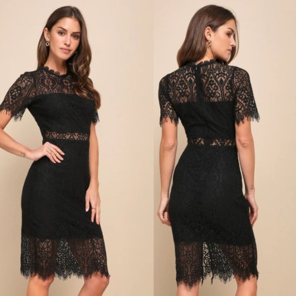 Lulus Dresses & Skirts - NWT Lulu's Remarkable Black Sheer Lace Short Sleeve Midi Dress